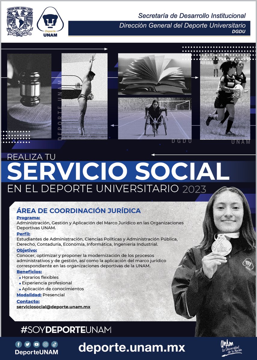DeporteUNAM's tweet photo. 🙌🏼 Realiza tu servicio social en el Deporte Universitario 2023🤓
Área de Coordinación Jurídica 👩‍⚖️
Área de Medicina del Deporte 🧑‍⚕️
Área de Operaciones y recintos deportivos 🏟
Área de Dirección de planeación y desarrollo académico 🤩
Y más...
>> https://t.co/DsnXbmih1n https://t.co/gNdN0eShbn