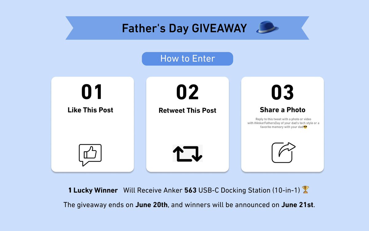 Father's Day giveaway alert! 🎁🎉 

Surprise your dad with a gift he'll never forget—an Anker Docking Station. And the best part? You have a chance to win one for free! 

How to enter:

1. Favorite and Retweet this Tweet👍 

2. Reply to this tweet with a photo or video with