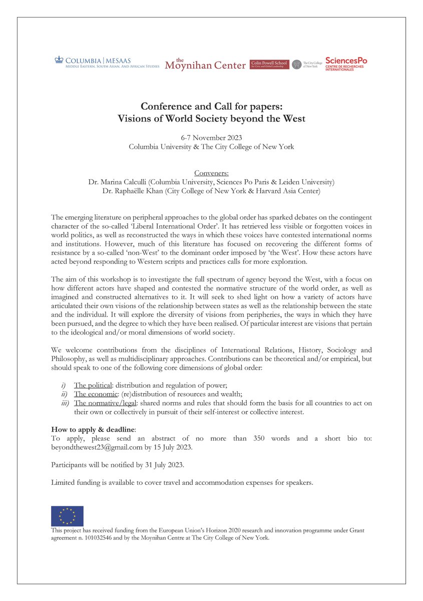 Conference and Call for papers: “Visions of World Society beyond the West”, 6-7 November 2023 Please see below for more details about the call. Submission deadline : 15 July 2023.