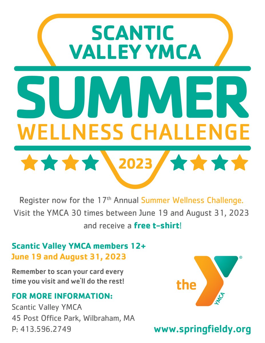 Take part in the Springfield YMCA Summer Wellness Challenge at our Downtown Springfield and Scantic Valley branches. Visit the YMCA 30 times between June 19th and August 31,2023 and receive a free t-shirt!