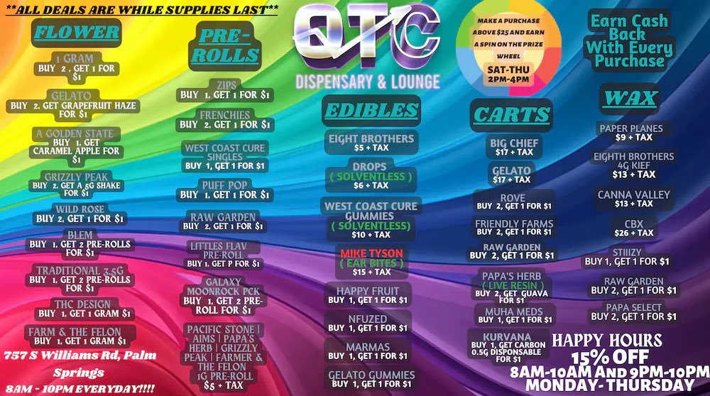 OTCPSLounge's tweet photo. #WeekDayDeals @OTCPSLounge 😶‍🌫️🍃✨6/5 - 6/8
#OTC #OffTheCharts #GetYourMindRight #PalmSpringsCA https://t.co/mAK4dPop3d