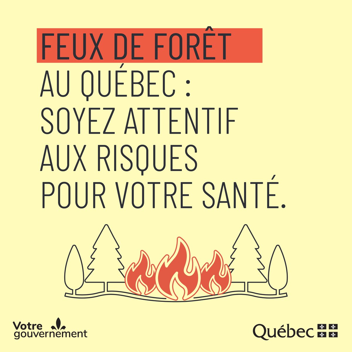 ⚠️Feux de forêt au Québec: soyez attentif aux avis publics et aux alertes publiés pour votre région.

En présence de fumée, évitez les activités extérieures, fermez les fenêtres, les portes et l’échangeur d’air.

En cas de malaises malgré les précautions, composez le 811.