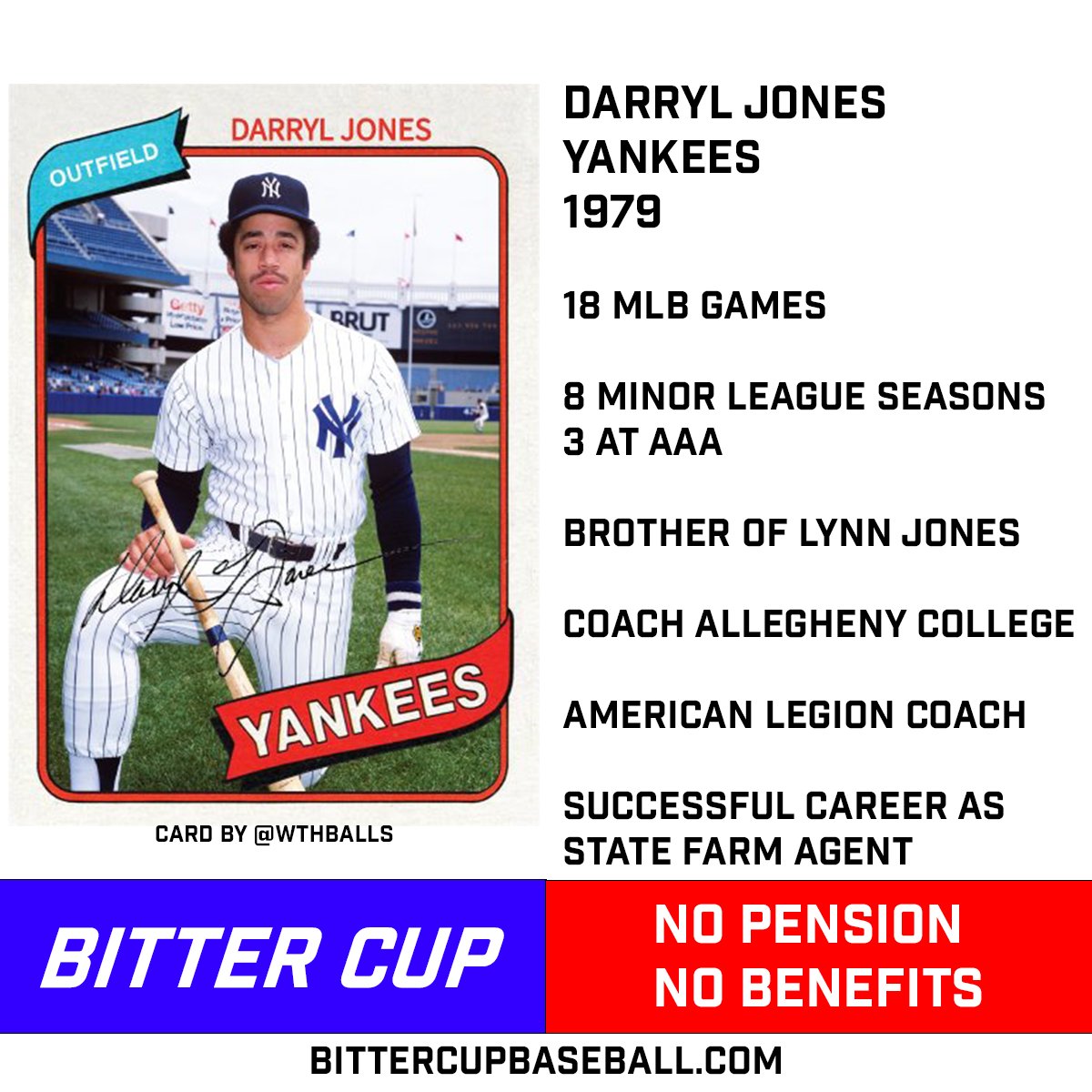 Happy birthday to Darryl Jones
@Yankees #RepBX
  #TheCongregation 
@ACGatorbaseball

Huge TY to 
@wthballs
  for this custom card!

#MLB and #MLBPA continue to overlook 500+ living, non-vested pre-1980 retirees.
bittercupbaseball.com