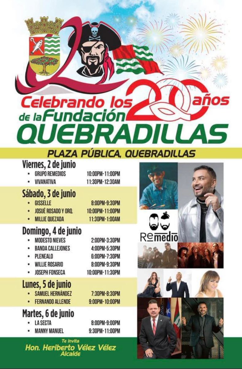 Atención Quebradillas, PR y pueblos limitrofes, ven a celebrar con nosotros los 200 años de dicho municipio. Estare con banda en vivo a las 7:30 PM en la Plaza Pública de Quebradillas, PR. Te invita el Hon. Alcalde Heriberto Vélez. Dios hara cosas grandes.