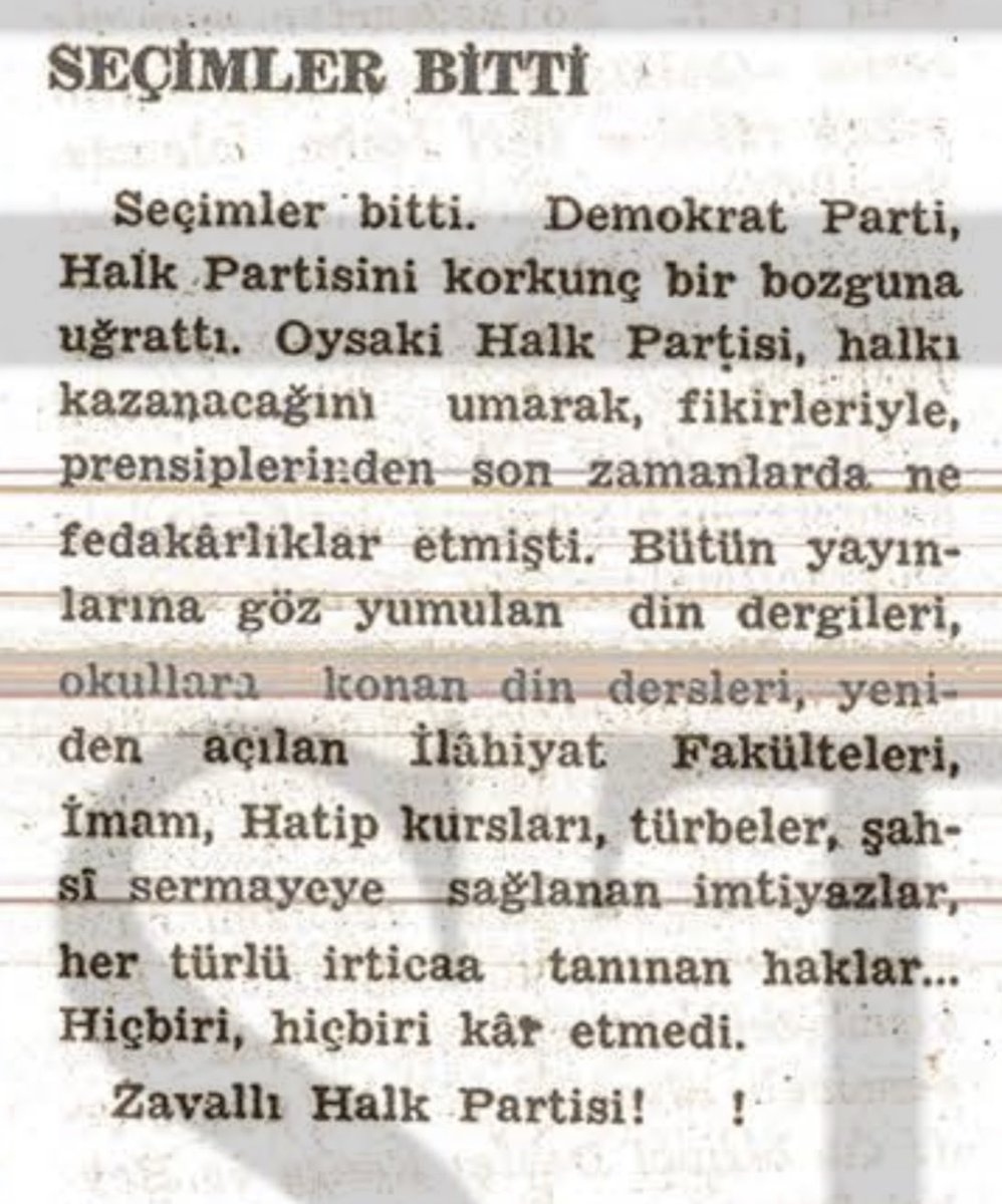 orhan veli kanık'ın, yaprak dergisi'nin 15 mayıs 1950 tarihli nüshasında yayımlanan "seçimler bitti" başlıklı yazısı.

"zavallı halk partisi!"