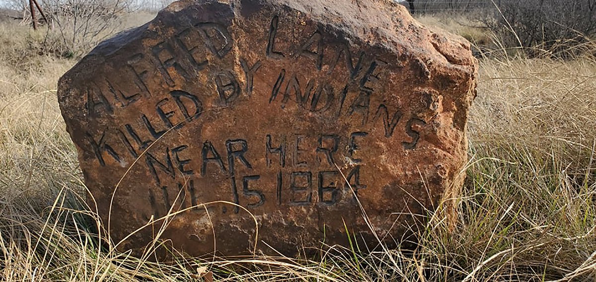 Casey Williams sent in this shot of a stone east of Graham, Texas that marks where Alfred Lane was killed by Indians in 1864. Lane, Charles Goodnight's brother-in-law, dreamed that that his parents had been killed by Indians. He left to go check on them &amp; was killed on the way.
