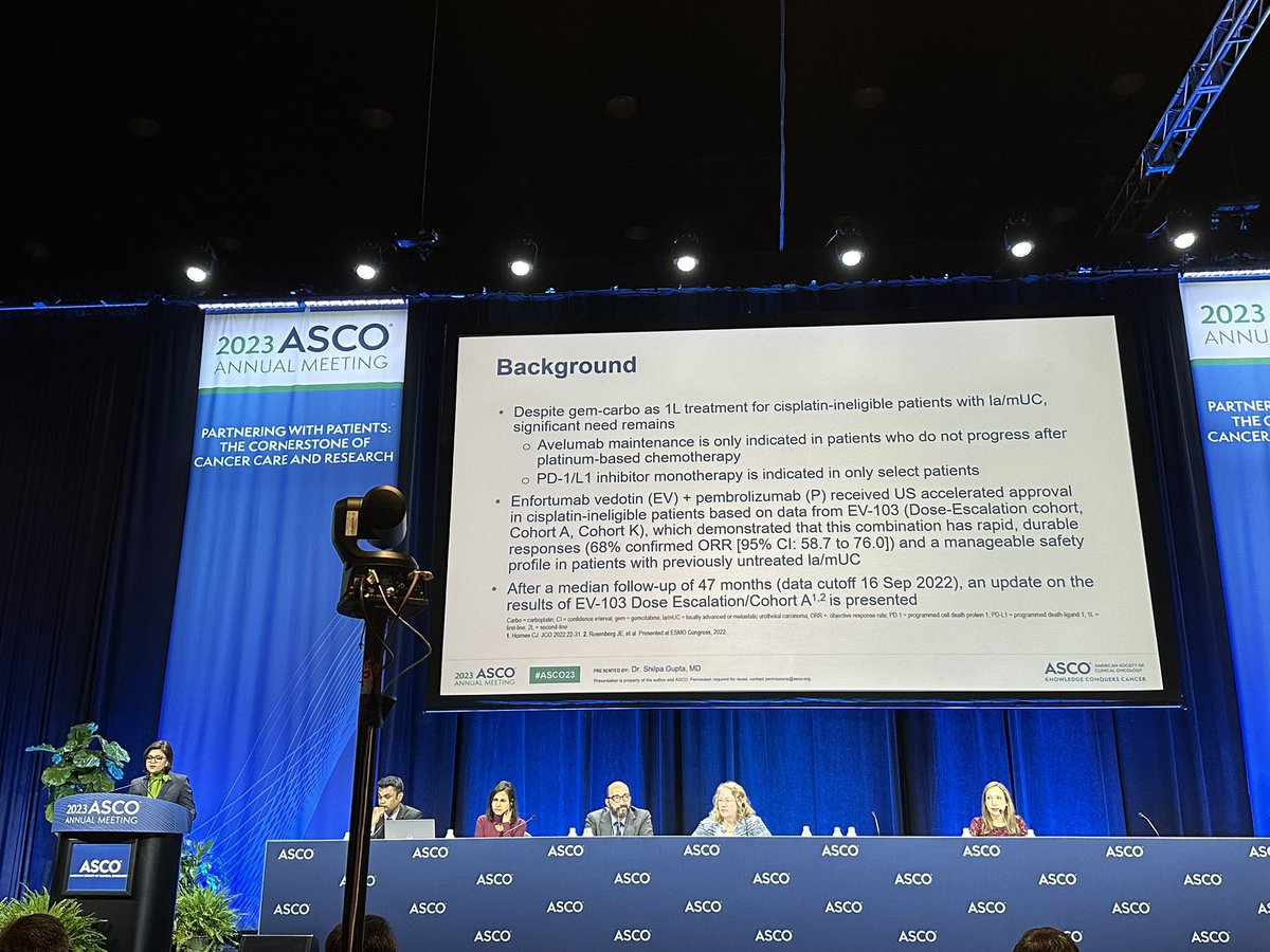 DrChoueiri's tweet photo. Phenomenal presentation by my friend, the brilliant @shilpaonc @ASCO #ASCO23
Results from #EV103: EV + pembro showing promising activity and tolerable safety profile in 1L cis ineligible #mUC
Beautiful tail for DOR and OS curves! https://t.co/0Gl4CU0ir8