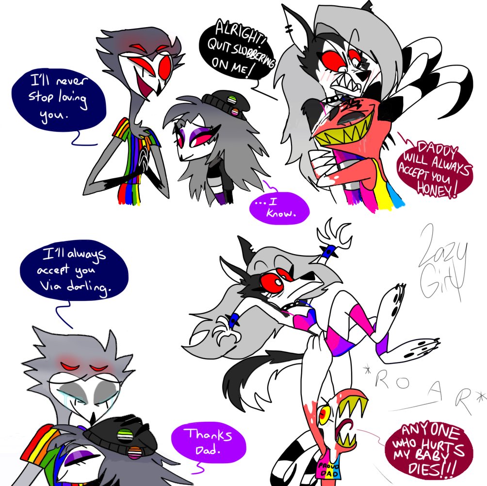 Stolas and Blitzo being awesome and supportive dads. Octavia is an aroace lesbian and Loona is bi (headcanon)  #HelluvaBossFanart