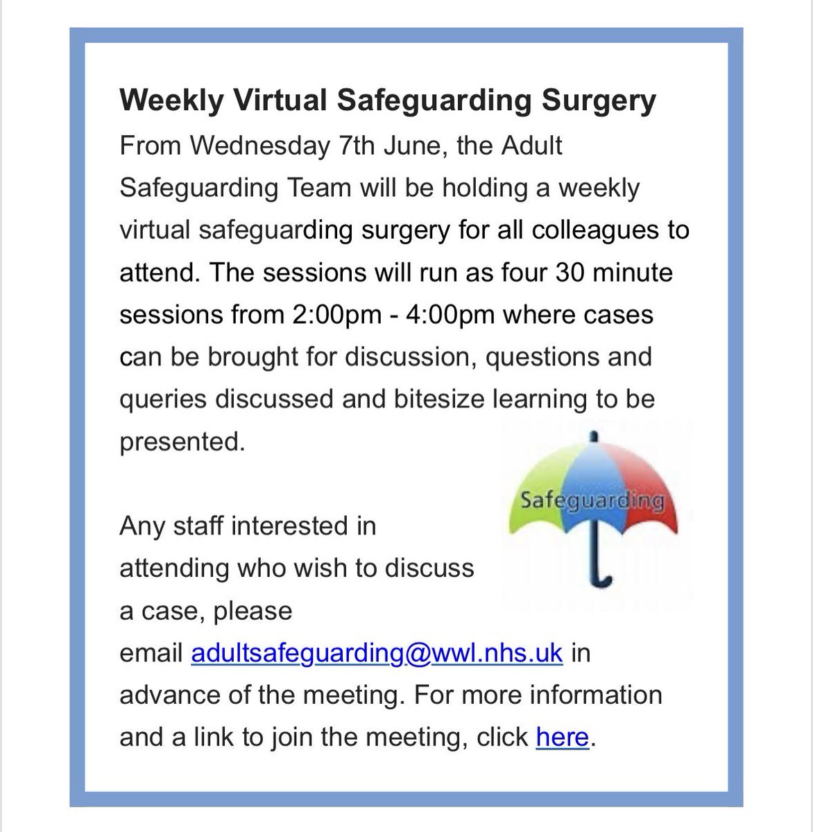 ⭐️This Wednesday⭐️

Join us for a chat in our virtual safeguarding surgery.

-bring any questions 
-an opportunity to understand the role of the Safeguarding Service
-Touchpoint for advice/guidance
-Bitesize learning opportunities 

Link to join will be shared on Wednesday 👇🏻