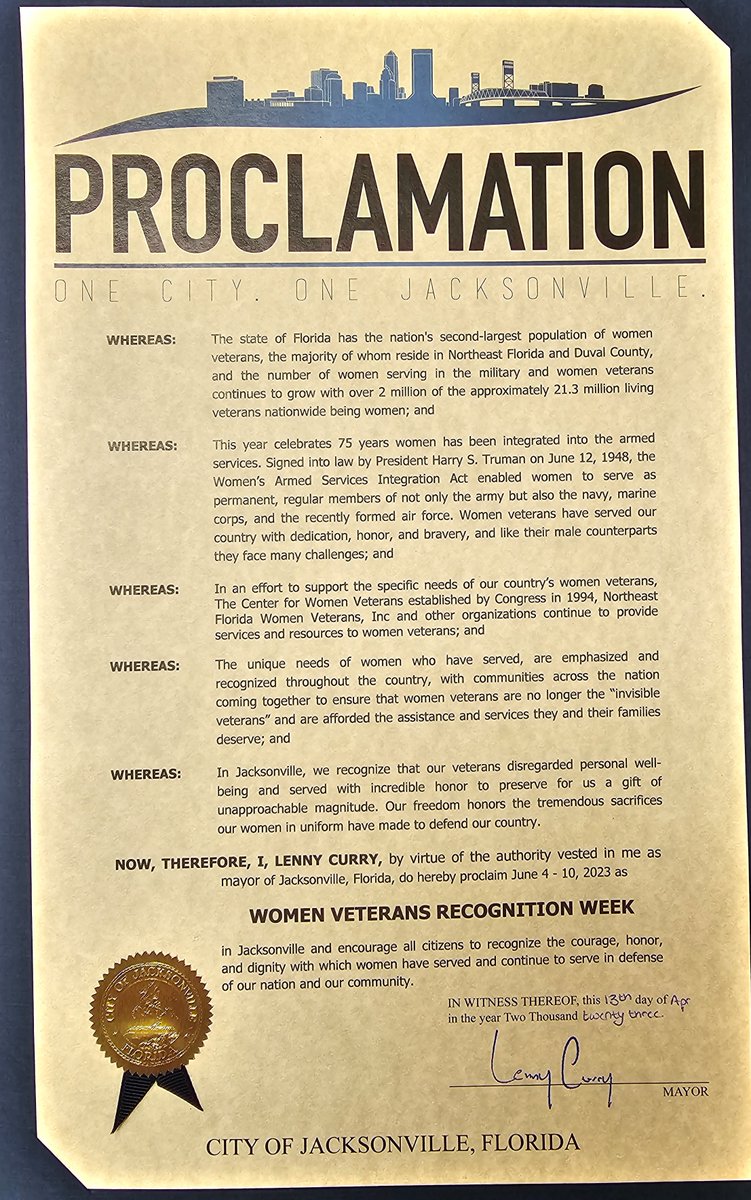 It's official! Another Mayorial Proclomation for our 9th Annual Women Veterans Recognition Week. Thank you, Mayor Lenny Curry and everyone involved in preparing for today's ceremony!  #nfwv  #wvwor #wor #wor2023 #womenveterans #sheserved #womenveteransrock #continuingthelegacy