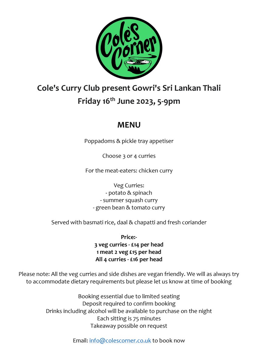 #ColesCurryClub returns with another Sri Lankan Thali in collaboration with #GowrisKitchen on Friday 16th June. Get in touch to book now! #EatLocal #EatSeasonal #Sheffield #AbbeydaleRoad