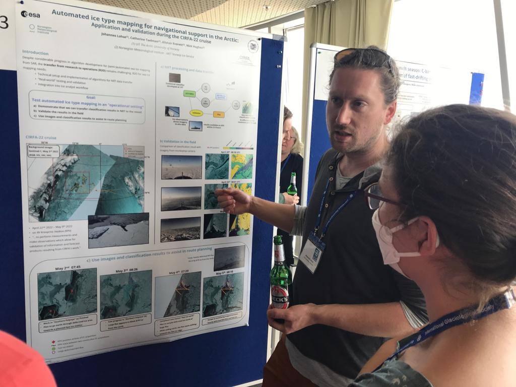 Strong @CIRFA_SFI turnout at the @igsoc sea ice poster session. Johannes Lohse presenting: Automated ice type mapping for navigational support of vessels in the Arctic: application and validation during the CIRFA-22 cruise igsoc.org/wp-content/upl…