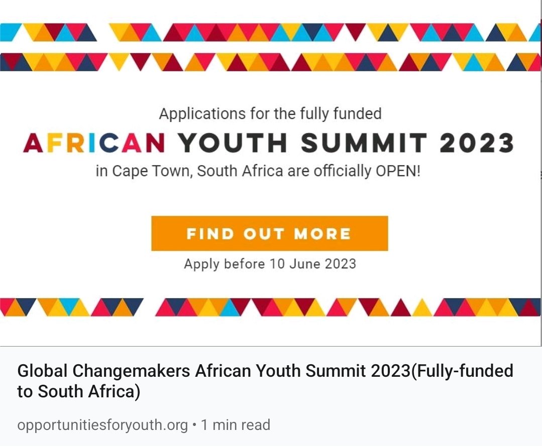 opportunitiesfy's tweet photo. Applications are now open for the fully funded African Youth Summit 2023. 

Apply by June 10, 2023. 

Details: [https://t.co/xmv7j9YTD7]

 #AYS2023 #GCM2023 #belêinjouself #belêinjoutoekoms #weesdieverskil #Africa #community #sustainabledevelopment #entrepreneurs #SouthAfrica https://t.co/4RymZpiyEM