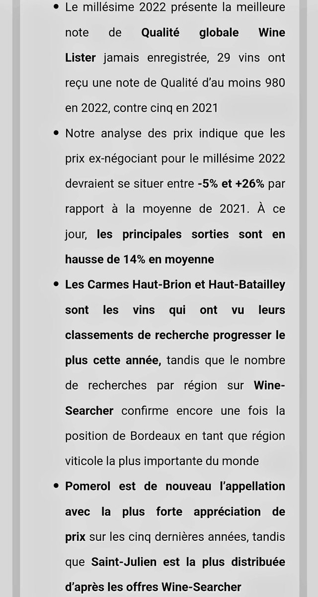 Part II du rapport @winelister - <a href="/EllaLister/">Ella Lister</a> sur le millésime 2022 à Bordeaux,  après la campagne des primeurs #bdx22
➡️ Qualité 🔝et donc les prix en ↗️
➡️ Les Carmes à Pessac et Haut-Batailley à Pauillac ont le vent en poupe. 
➡️ Pomerol poursuit son échappée "bourguignonne".