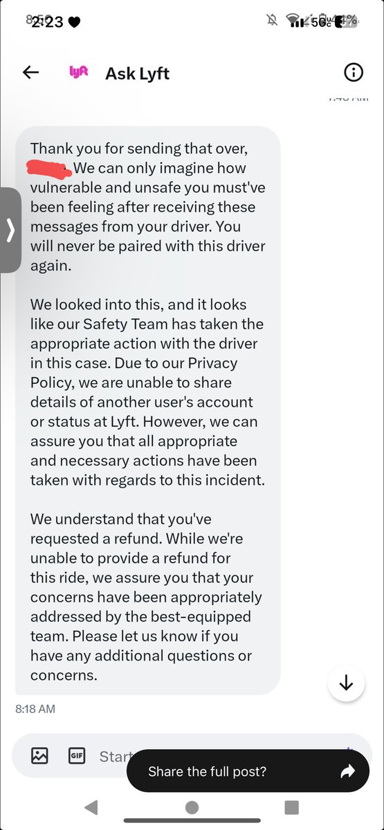 A woman was continuously harassed by a #lyft driver and they clearly did nothing and refused to refund her the cancellation fee. 

You care more about money, then your passenger safety! Good job #Lyft! 

What do you guys think?🤔 @lyft