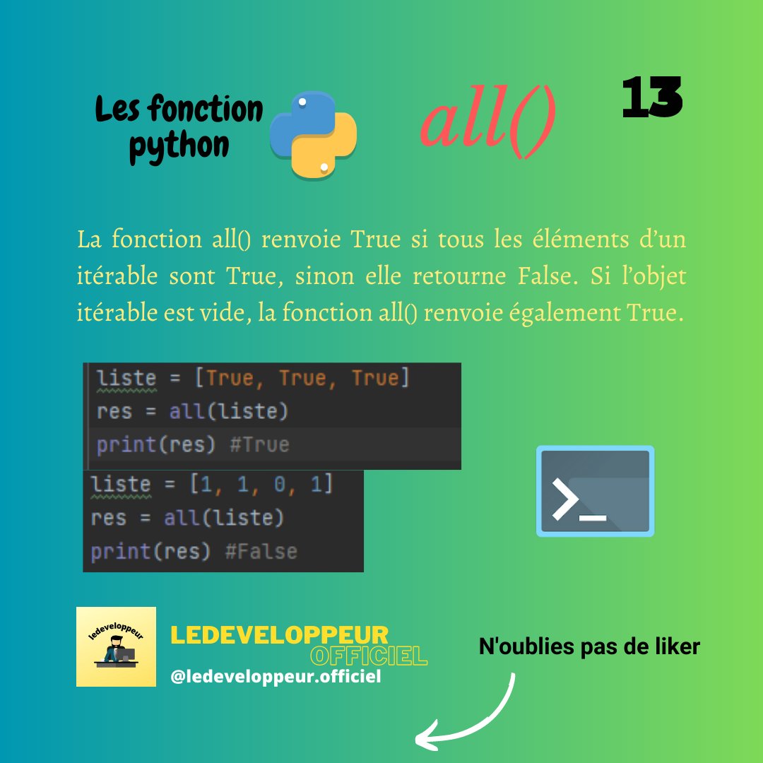 Je vous présente aujourd'hui la fonction all().
.
#coderlife #fullstackdeveloper #terminal #productivity #fullstackdev #backenddeveloper #frontenddeveloper #programming #learncoding #learnprogramming #caml #programmingproblems