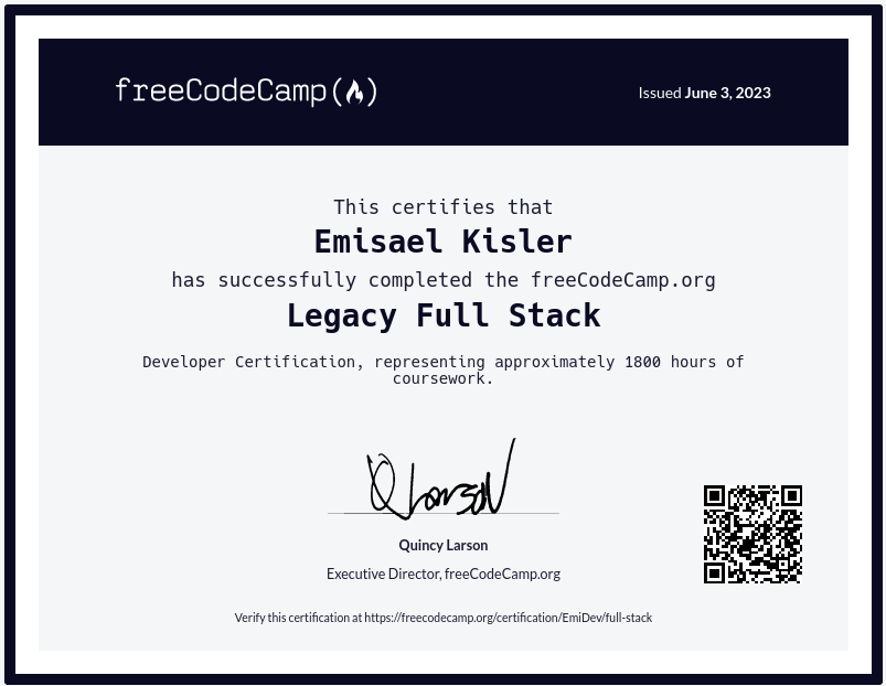ekracing's tweet photo. I just earned the Legacy Full Stack certification @freeCodeCamp! Check it out here: https://t.co/11kv60nlKv https://t.co/TSiQoLGooR
