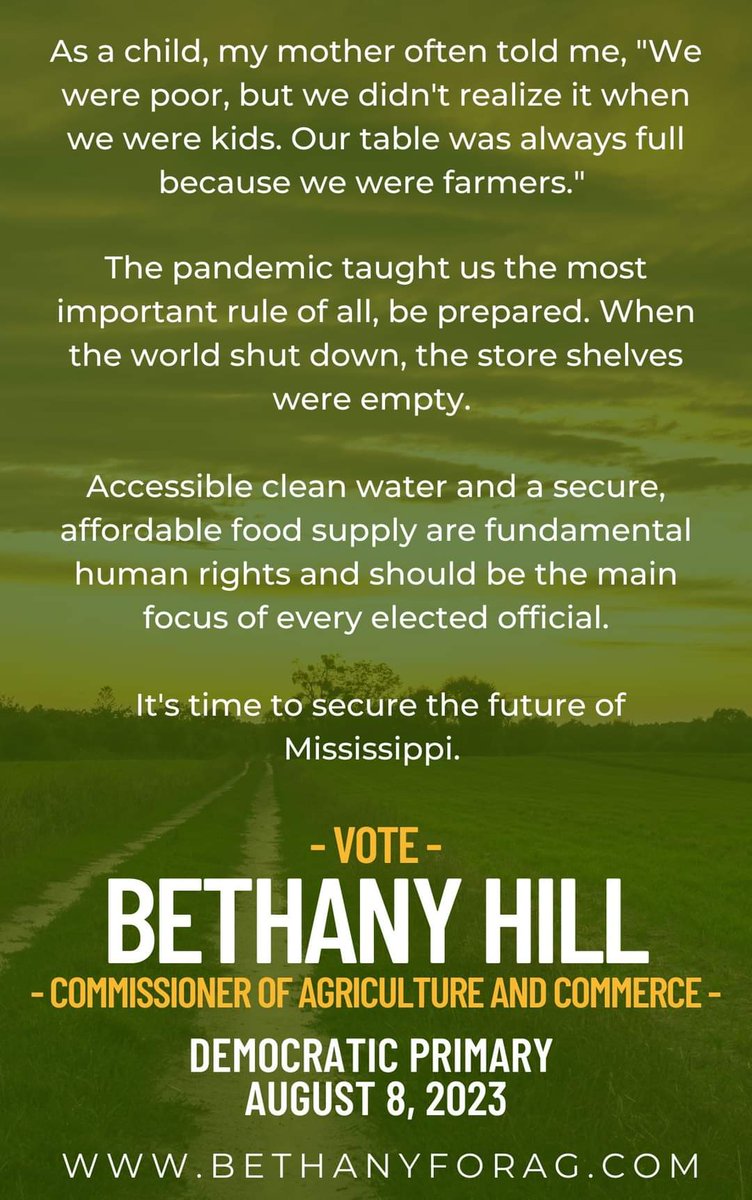 It's time to secure the future of Mississippi. 

#bethanyforag #votehillaug8 #democraticprimary #iworkforeverymississippian #yourvoicematters #letsgetgrowin #redorblue #iworkforyou #strongertogether #unify #betterdaysahead
#therevolutionbeginsinthedirt