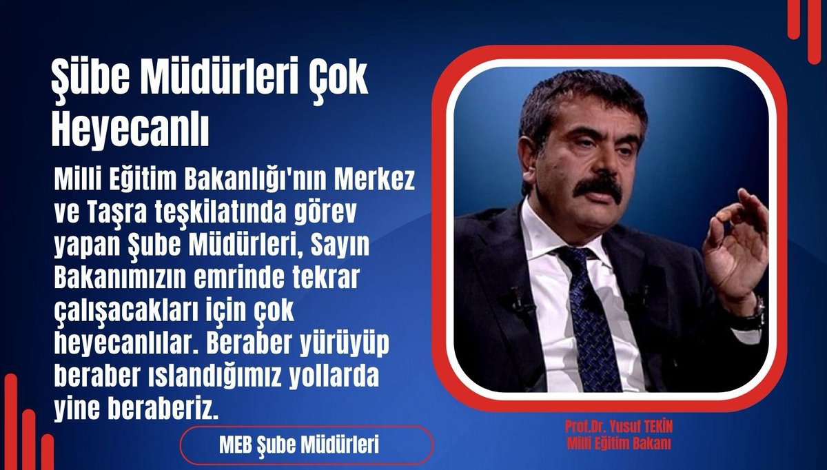 Milli Eğitim Bakanlığı görevine başlayan değerli meslek büyüğümüz, kıymetli hocamız Sayın Prof.Dr. Yusuf TEKİN’i tebrik ediyor, söylenecek sözümüz, yürüyecek yolumuz, Maarif davamız için başaracak projelerimiz varmış diyoruz.
#MebSubeMudurleri
#SnBakanimizYusufTekin
<a href="/Yusuf__Tekin/">Yusuf Tekin</a>