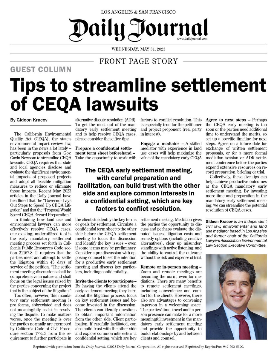 My tips to streamline settlement of #CEQA cases. Retweet or reply with thoughts, or contact me if you need help mediating a CEQA, land use or environmental law matter⬇️