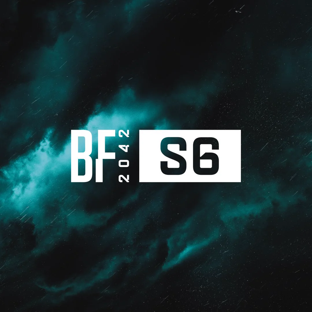 The Battlefield 2042 Season 6 logo on top of a background image featuring clouds in a teal shade.