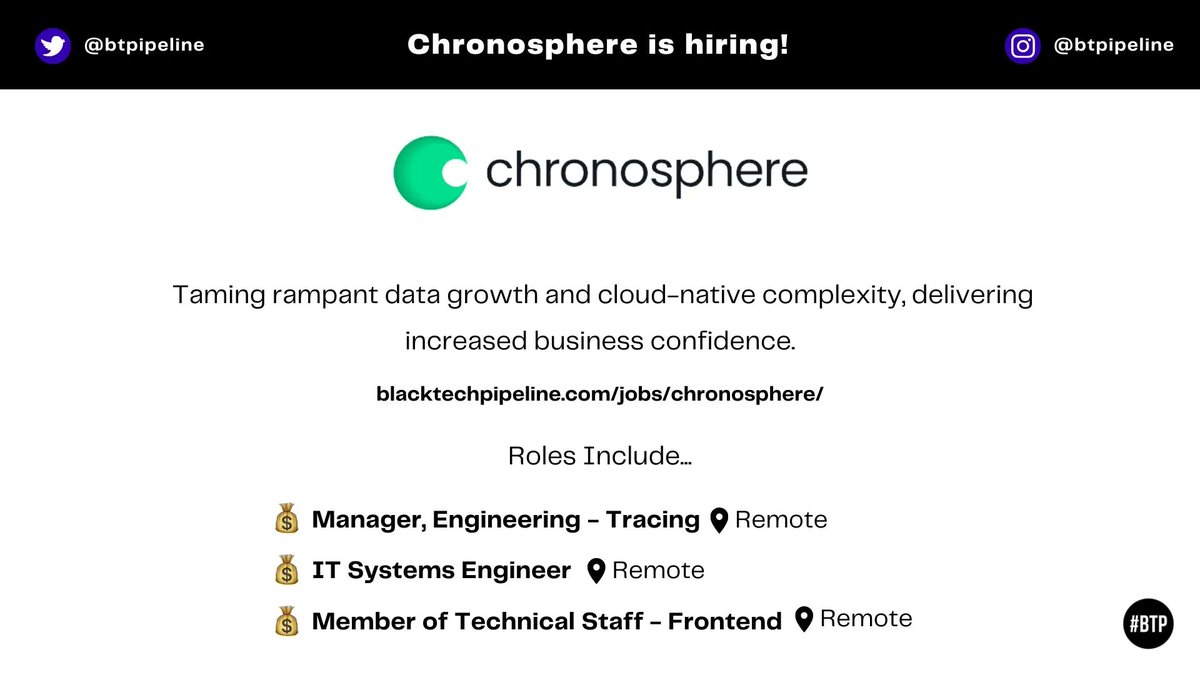 BTPipeline's tweet photo. Black Tech Pipeline X Chronosphere 🙌🏾

@chronosphereio is now hiring! Check out their open roles. 

Click here to learn more and apply 🔗:
https://t.co/f3ADZy55sO

#BlackTechTwitter https://t.co/3DrY5QnO6x