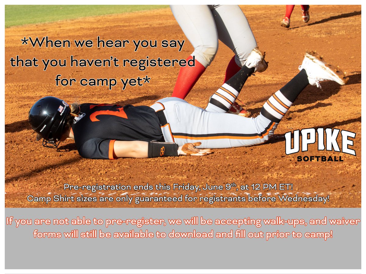 Have you registered for camp yet?
We are just 1 week away!

Pre-registration is through the link below!!
timothyhopson.wixsite.com/upike-softball