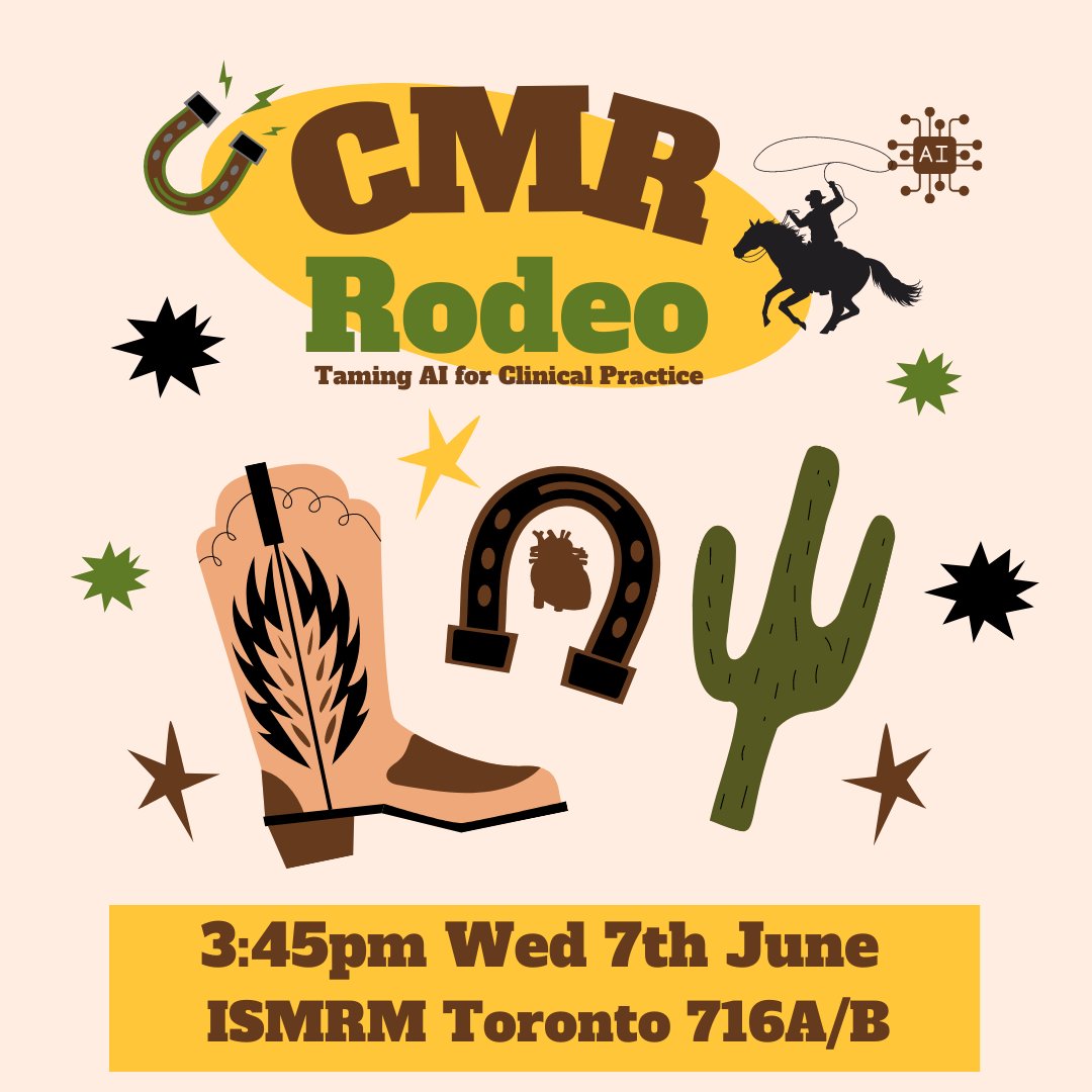 🧲❤ cardiac MRI Rodeo: taiming AI 🤖 for clinical practice👩🏻‍⚕️ tutorial 
<a href="/ISMRM/">ISMRM</a> @SMRT_ISMRM

Join the rodeo 🤠 in a panel discussion and win 🎁 
Get your ropes ready! 🐎

More info 👇
🌐 ismrm-mit-cmr.github.io

#whyCMR #CardioTwitter #DeepLearning #ISMRM_Iberian #ISMRM23 #ISMRT23