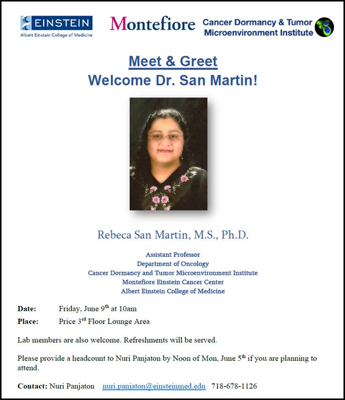 1- We are truly delighted to announce that Dr. Rebeca San Martin @RebecaSanMarti5 has joined us as an Assistant Professor of Cell Biology and Oncology @EinsteinMed. Rebeca joins @CDTMI_Einstein & #montefioreeinsteincancercenter from the University of Tennessee.