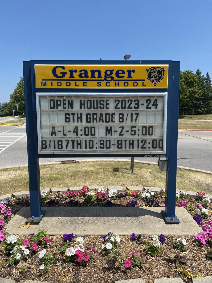 2023-2024 Open House Dates:
Incoming 6th Grade Open House: August 17, 2023
Last Names: A-L from 4:00-5:00
Last Names: M-Z from 5:00-6:00
7th Grade Open House: August 18, 2023 from 10:30-11:30
8th Grade: August 18, 2023 from 12:00-1: 30 <a href="/GrangerIPSD204/">GrangerMiddleSchool</a> <a href="/GrangerPTA/">Granger Middle School PTA</a> <a href="/ipsd204/">Indian Prairie 204</a>