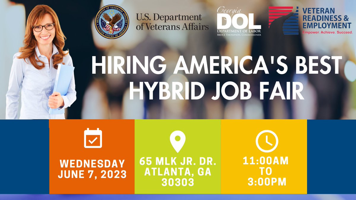 GeorgiaDOL's tweet photo. REMINDER: Calling all veterans, service members, &amp; military spouses! The #gdol, @DeptVetAffairs, &amp; VR&amp;E are participating in the “Hiring America’s Best” Job Fair on June 7 from 11 am – 3 pm at the Georgia Freight Depot in Atlanta. For details, visit https://t.co/Fw7UvCoZCN. https://t.co/D4pqCR6DKp