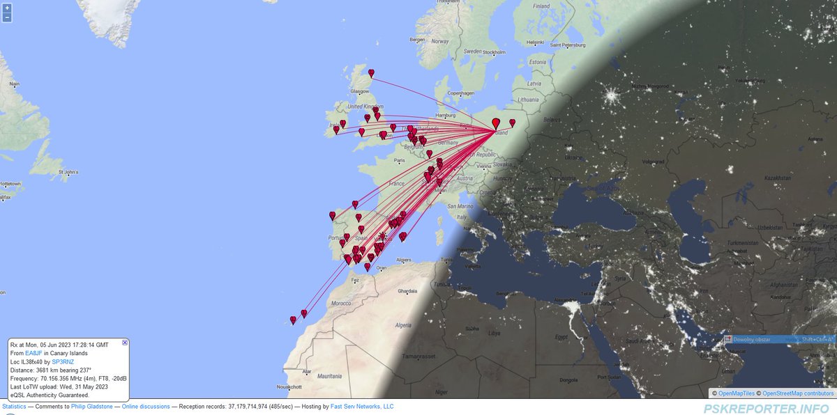 Great opening into Iberia🇪🇸 this afternoon, including EA8. Lot's of EA's and because of high MUF also short skip stations from HB9. New grid #JN36 worked, as well as long searched #IM66 by EA7Y! Congrats fro those who worked #DX on 144MHz Es! @sp_vhf_c @sp5xmu