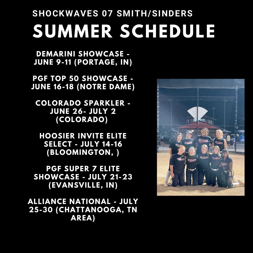 So excited to be back with my travel team! Here’s this summer’s schedule. @shockwaves16u @trail_softball <a href="/IndStSoftball/">Indiana State Softball</a> <a href="/DePauwSoftball/">DePauw Softball</a> <a href="/WabashCollege/">Wabash College</a> <a href="/HanoverSBall/">Hanover College Softball</a>