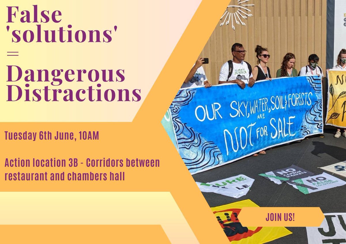#SB58 action alert ✊📣

Join us to hear why land-based removals, geoengineering &amp; carbon markets are distractions that enable polluters to keep on destroying communities &amp; the environment &amp; why we must reject them.

🕛 6 June | 10am CEST
📍Conference centre, action location 3B.