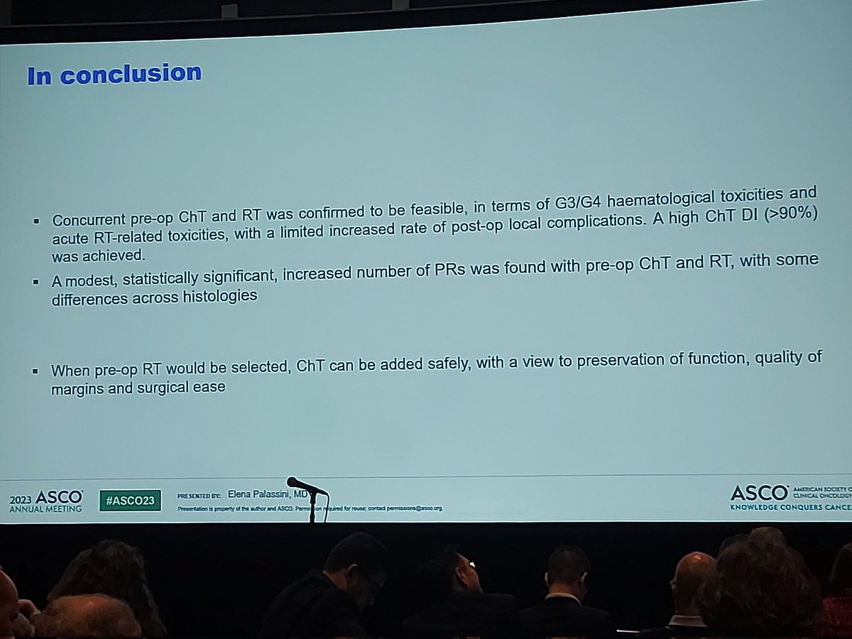 Concurrent neoadj #chemoradiation therapy is safe and may increase #sarcoma #response in a clinical trial from @ItaSarcomaGroup @GrupoGeis  presented by dr Elena Palassini #ASCO23 @IstTumori @alegronchi