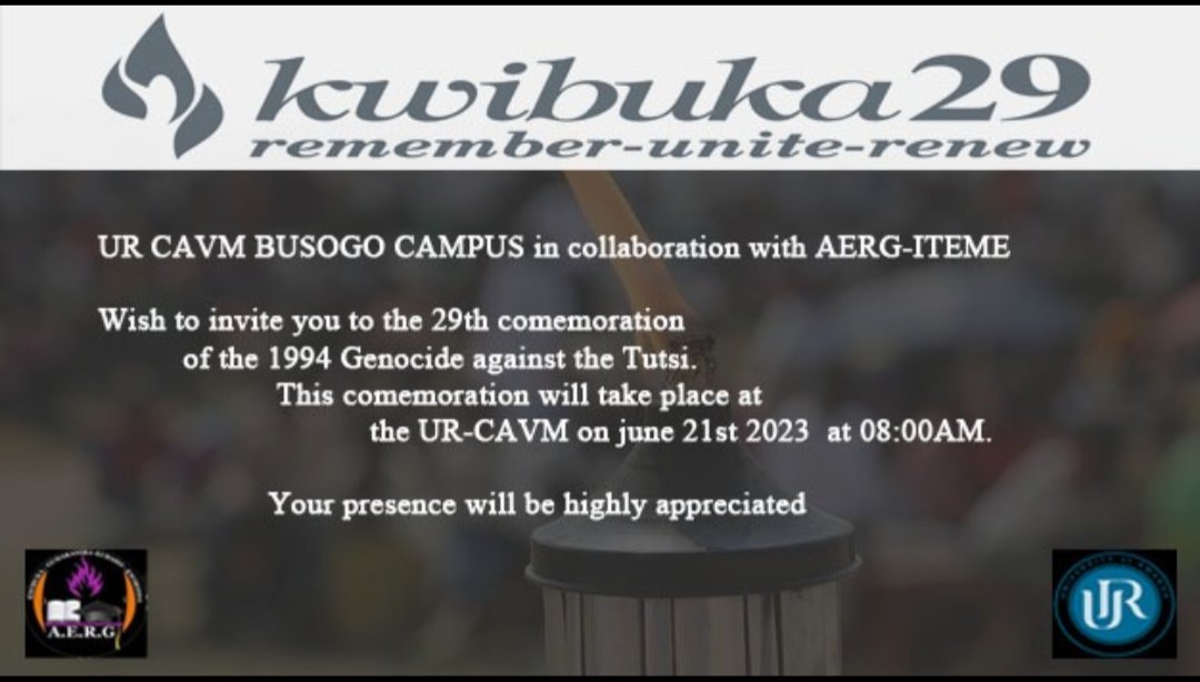 AERG_URCAVM's tweet image. Tariki 21/06/2023 hazaba igikorwa CYO kwibuka kunshuro ya 29 Genocide yakorewe Abatutsi kurwego rwa Kaminuza y&apos;Urwanda ishami rya Busogo mucyahoze Ari (Isai Busogo). Ubu ni UR-CAVM Busogo bizabanzirizwa nimugoroba wokwibuka kwitariki 20/06/2023 saa 18h00zumugoroba
#kwibuka29