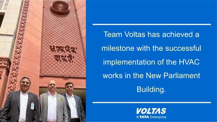 myvoltas's tweet photo. The inauguration of the New Parliament Building was a moment of pride for each Indian. It is a testimony of Voltas’ commitment to providing state-of-the-art cooling products. We, at Voltas, are humbled to play a part in India’s growth  journey. #NewParliamentBuilding #Voltas https://t.co/7hPdzmK0FI