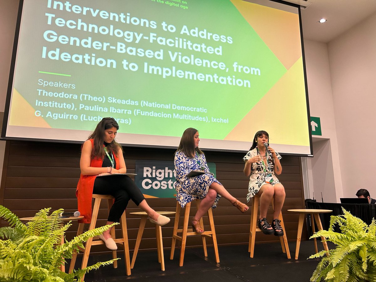 NDItech's tweet photo. Today we heard from @theodoraskeadas, @PaulinaaIbarra of @FMultitudes, and @la_fillesauvage of @LuchadorasMX at #RightsCon2023 in Costa Rica. Their panel focused on online gender-based violence and its connection to women’s political participation. #OVAWP https://t.co/gttKbdLmhz