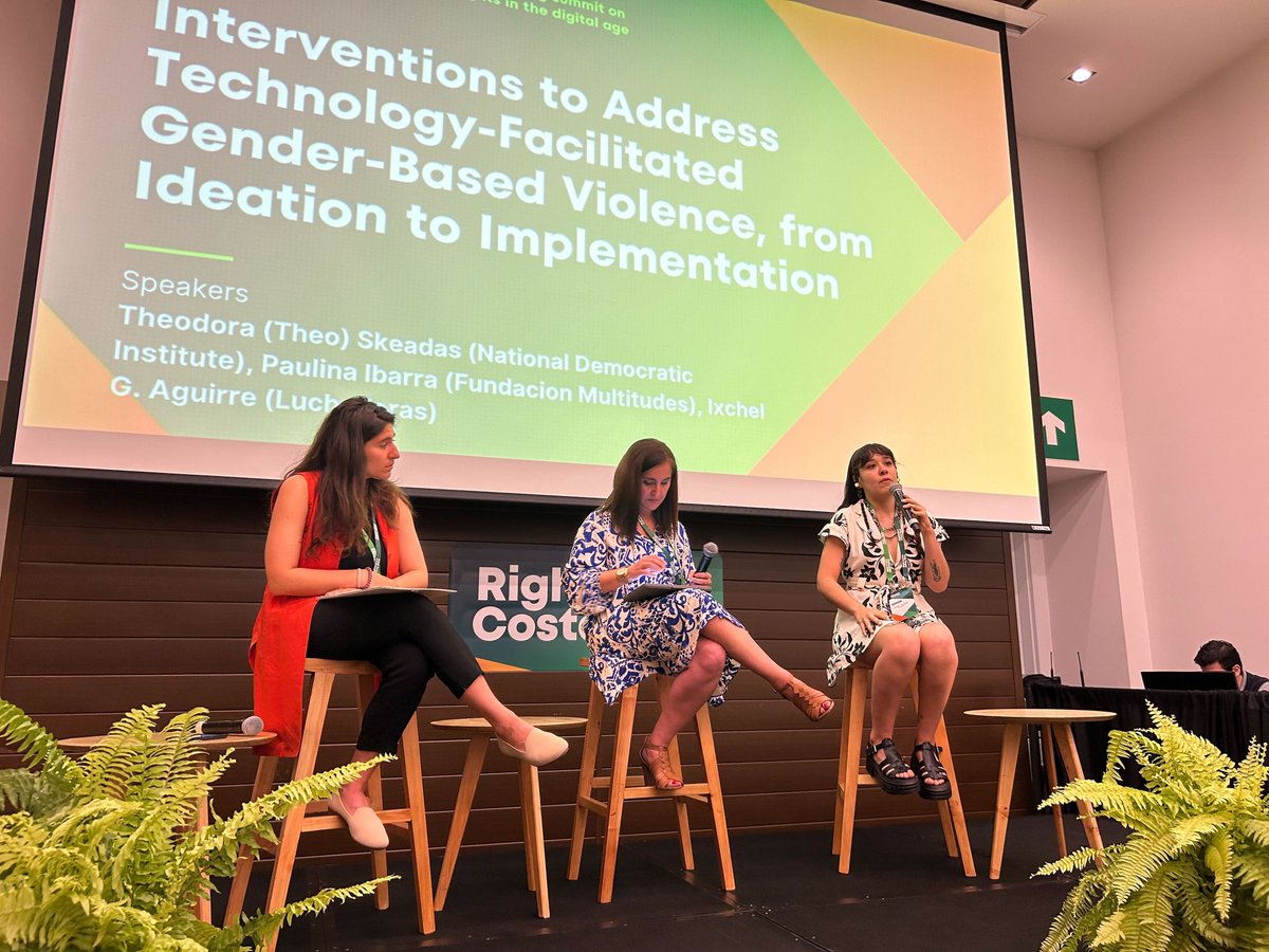 NDItech's tweet photo. Today we heard from @theodoraskeadas, @PaulinaaIbarra of @FMultitudes, and @la_fillesauvage of @LuchadorasMX at #RightsCon2023 in Costa Rica. Their panel focused on online gender-based violence and its connection to women’s political participation. #OVAWP https://t.co/gttKbdLmhz