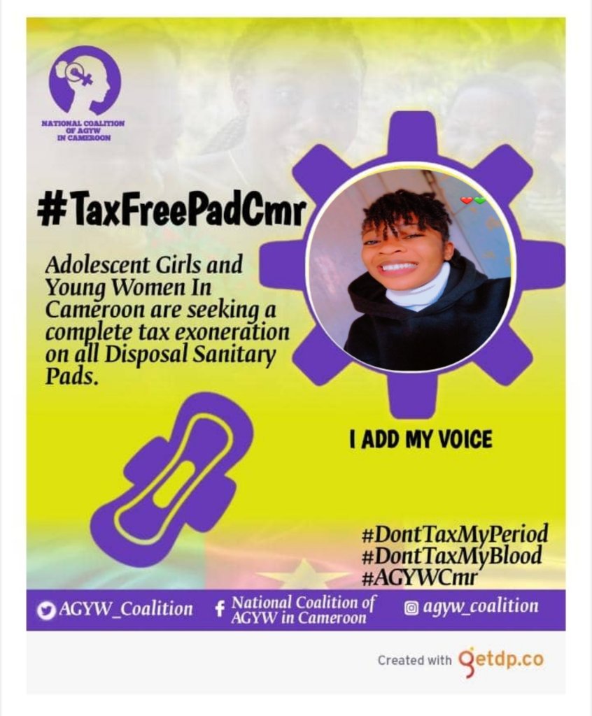 I add my voice to the voices of our young Adolescent girls and women in Cameroon demanding for the removal of all taxes on sanitary pads on the event of the commemoration of the World Menstrual hygiene day 2023.
🙌 
#TaxFreePadCmr
#DontTaxMy Period
#DontTaxMyBlood
#AGYWCmr