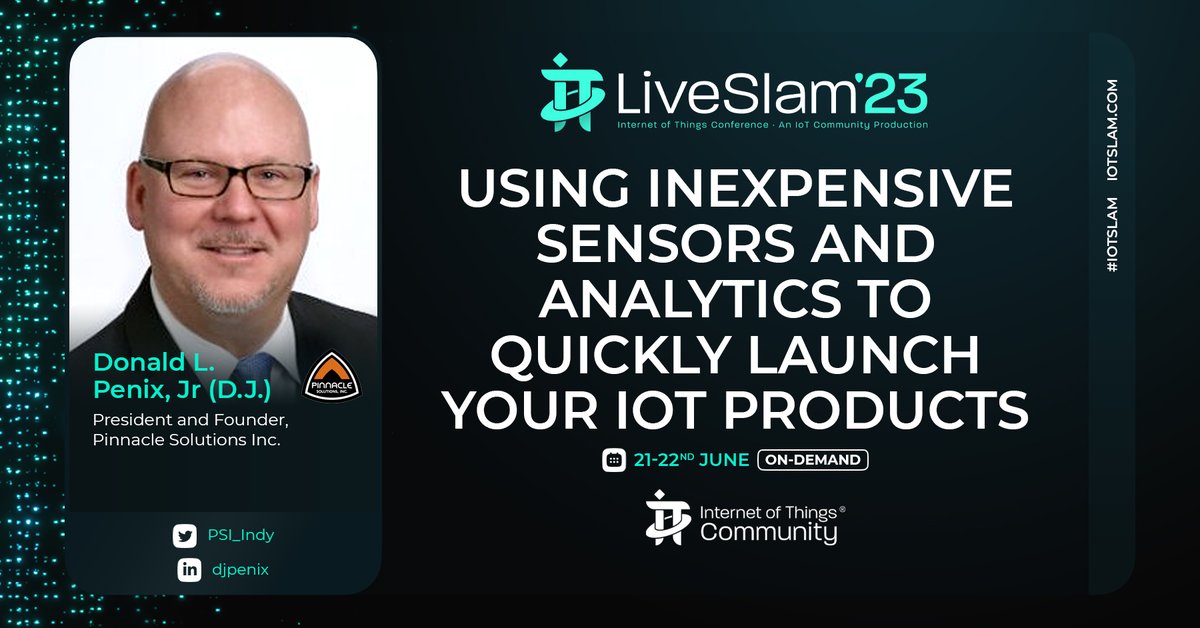 Join @dj_penix, President & Founder of Pinnacle Solutions Inc. for this IoT Slam Live 2023 Session: Using Inexpensive Sensors and Analytics to Quickly Launch Your IoT Product, June 21st- 22nd, from @SASsoftware HQ & On-Demand.
iotslam.com/session/using-…
#IoTCommunity #IoTSlam #IoT