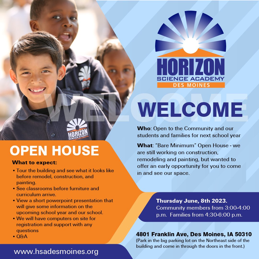 Join us for an open house this Thursday from 3-6pm. Tour the school, meet the principal, learn about this new charter public school that is free and open to all K-3 students in Des Moines.