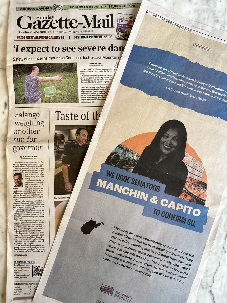 Excited to share this full-page ad from Sunday's @AZCentral and @WVgazettemail showcasing that #smallbiz owners are proud to support #JulieSu who grew up helping with her parents' small business laundromat and pizza restaurant franchise. #ConfirmSu