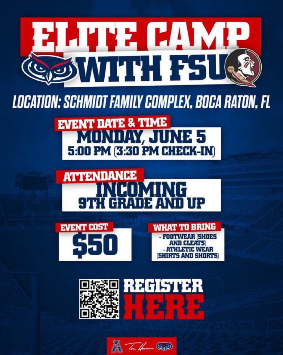 FCProspects_'s tweet photo. 🚨COME GET SOME WORK TONIGHT AT AN FBS CAMP @FAUFootball 🚨 #FAU X @FSUFootball ✅✅ WALKUPS ARE WELCOME SHOW OUT‼️‼️GREAT COMPETITION AND GREAT FACILITIES👀👀

⬇️⬇️ #FirstClassTakeover😈 https://t.co/Z1f25jpb7R