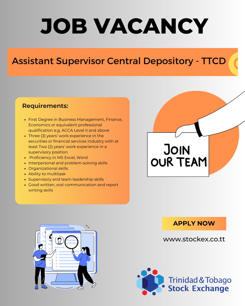 TTStockEx's tweet photo. 📷 We're hiring!
Join our team as an Assistant Supervisor for Central Depository at TTCD. 📷📷

Apply today via the link below: 📷📷
https://t.co/xtZLQUNzMk

#NowHiring #AssistantSupervisor #CentralDepository #TTCD #FinanceJob #OpportunityKnocks https://t.co/IQPDI4XX6u