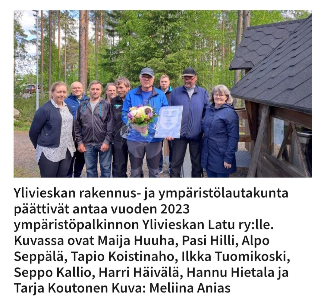 Tänään maailman ympäristöpäivänä <a href="/YKaupunki/">Ylivieskan kaupunki</a> antoi jo perinteeksi muodostuneen ympäristöpalkinnon Ylivieskan Latu ry:lle.
kalajokilaakso.fi/artikkeli/yliv…