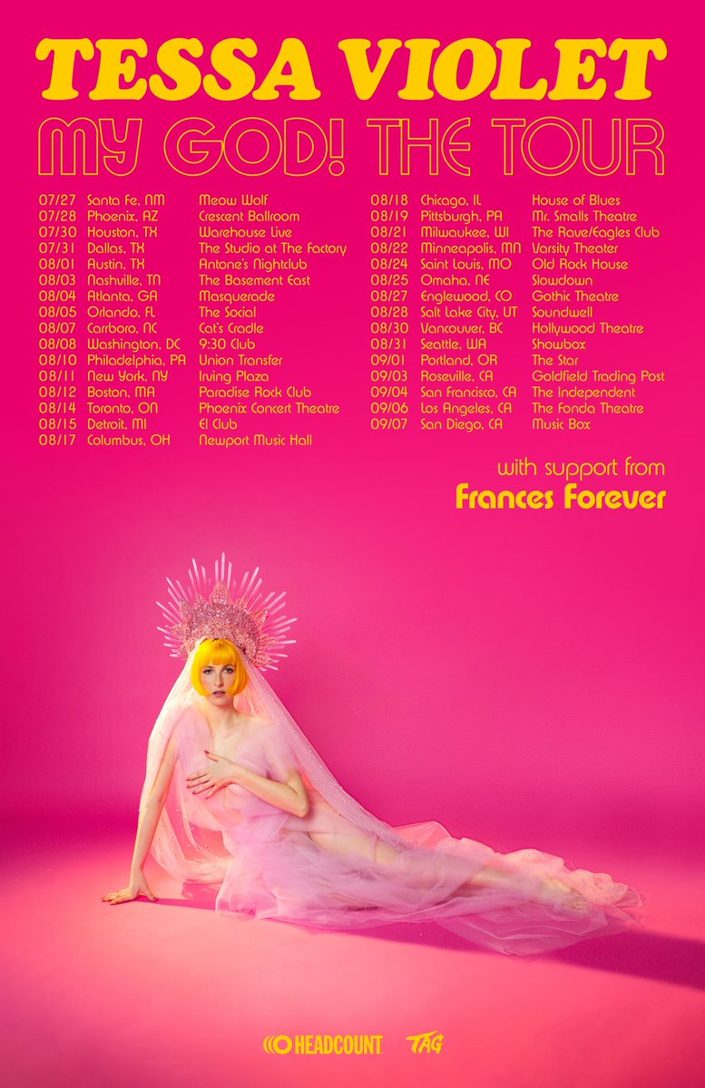 MY GOD! THE TOUR! Tickets on sale Friday, presale code on the UltraViolet site: ultraviolet.tessa-violet.com