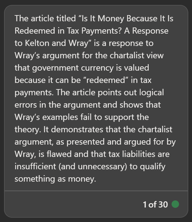 PerBylund's tweet photo. The New Bing easily summarizes my new #QJAE article finding holes in Wray's chartalist arguments. But it can find no published comments/responses by Wray, Kelton or any proponents of #MMT (or anybody else). Do they have nothing to say/no defense? https://t.co/q2UdgaEuyK https://t.co/hynW5m5RNQ