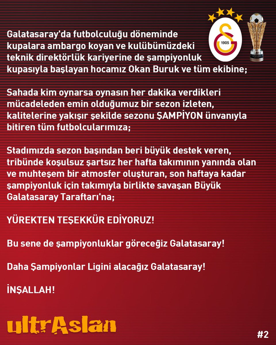 Bu sene de şampiyonluklar göreceğiz Galatasaray! Daha Şampiyonlar Ligini alacağız Galatasaray! İNŞALLAH! #ultrAslanUNI