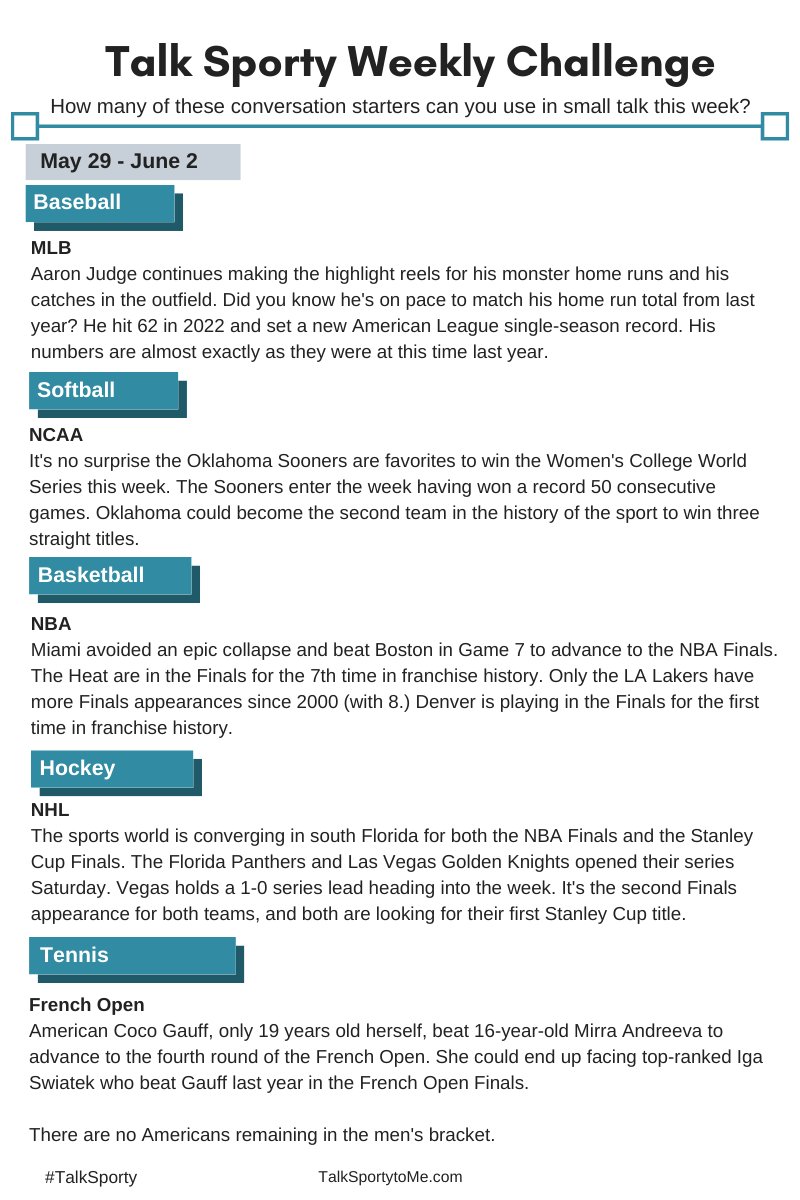 NBA 🏀  and NHL playoffs🥅 
The Women's College World Series.🥎 
Tennis.🎾 
Take your pick and use these talking points to Talk Sporty this week. 

buff.ly/3Nduk9p 
#conversationstarters